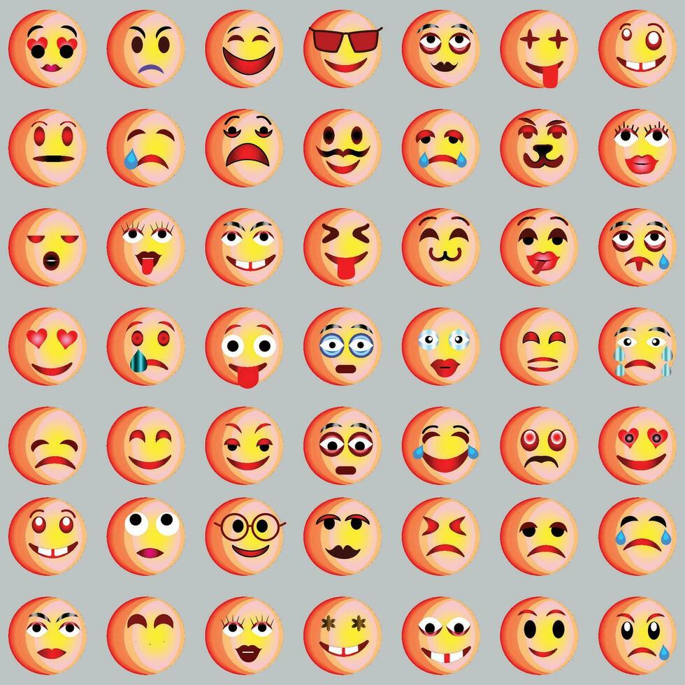 reeks van emoticons. reeks van emoji. glimlach pictogrammen, grappig tekenfilm geel emoji en emoties icoon verzameling. humeur en gelaats emotie pictogrammen. huilen, glimlach, lachend, blij, verdrietig, boos en gelukkig gezichten, vector