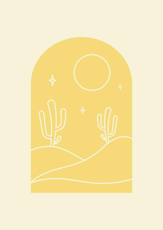 esthetisch illustratie met cactus in nacht woestijn in boog. Boheems muur decor vector