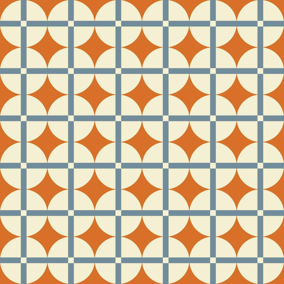 retro esthetisch naadloos patroon in stijl jaren 60, jaren 70. meetkundig cirkels en lineair rooster Aan een oranje achtergrond. modieus vector afdrukken. blauw, oranje en beige kleuren