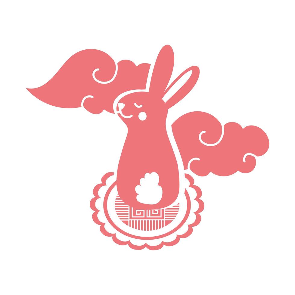 medio herfst festivalkaart met konijn in zegellijn stijlicoon vector
