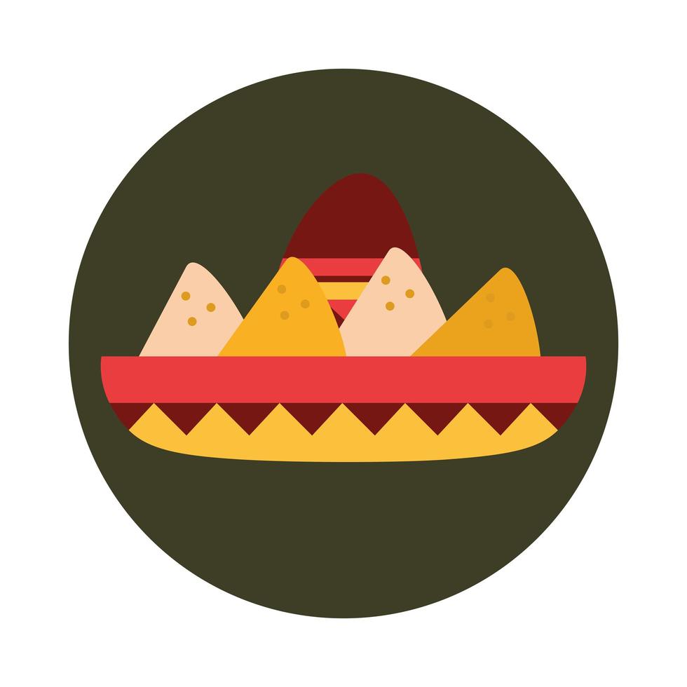 Mexicaanse sombrero met nacho's snackblok en plat icoon vector