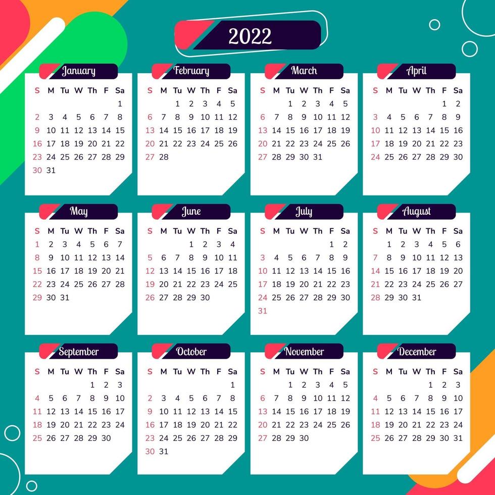 kalender 2022 met kleurrijke abstracte achtergrond vector