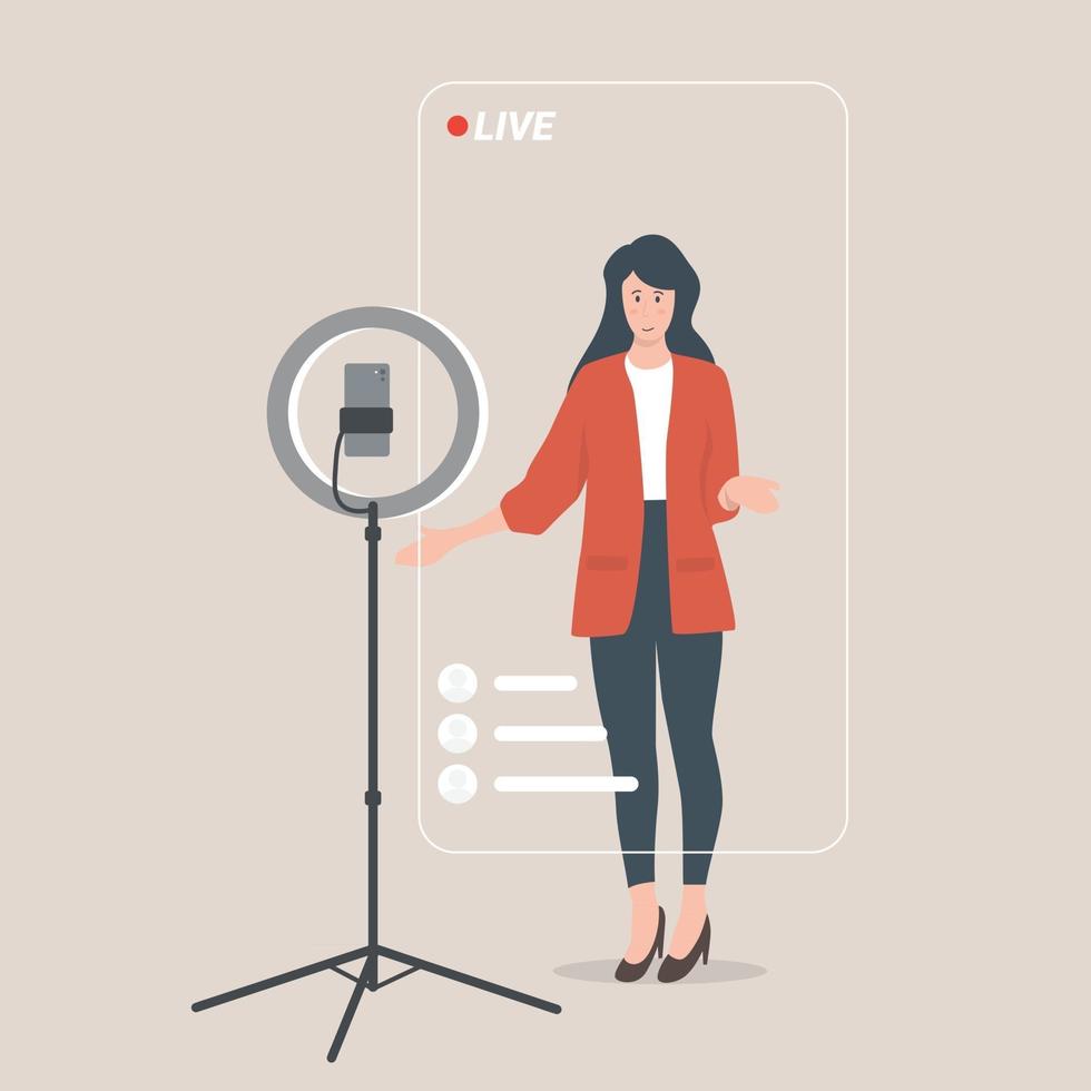 vrouw live video thuis met smartphone live streaming evenement bedrijfspresentatie vector