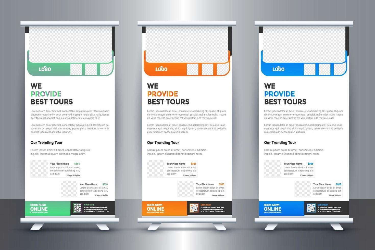 gratis reizen roll-up banner ontwerpidee voor reis- en toerismebureau vector