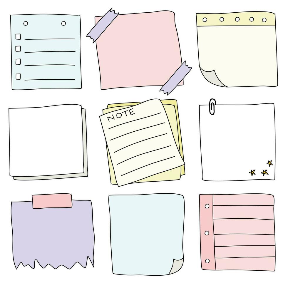 hand- getrokken Notitie papier, tekening bericht kleverig notities, vector illustratie.