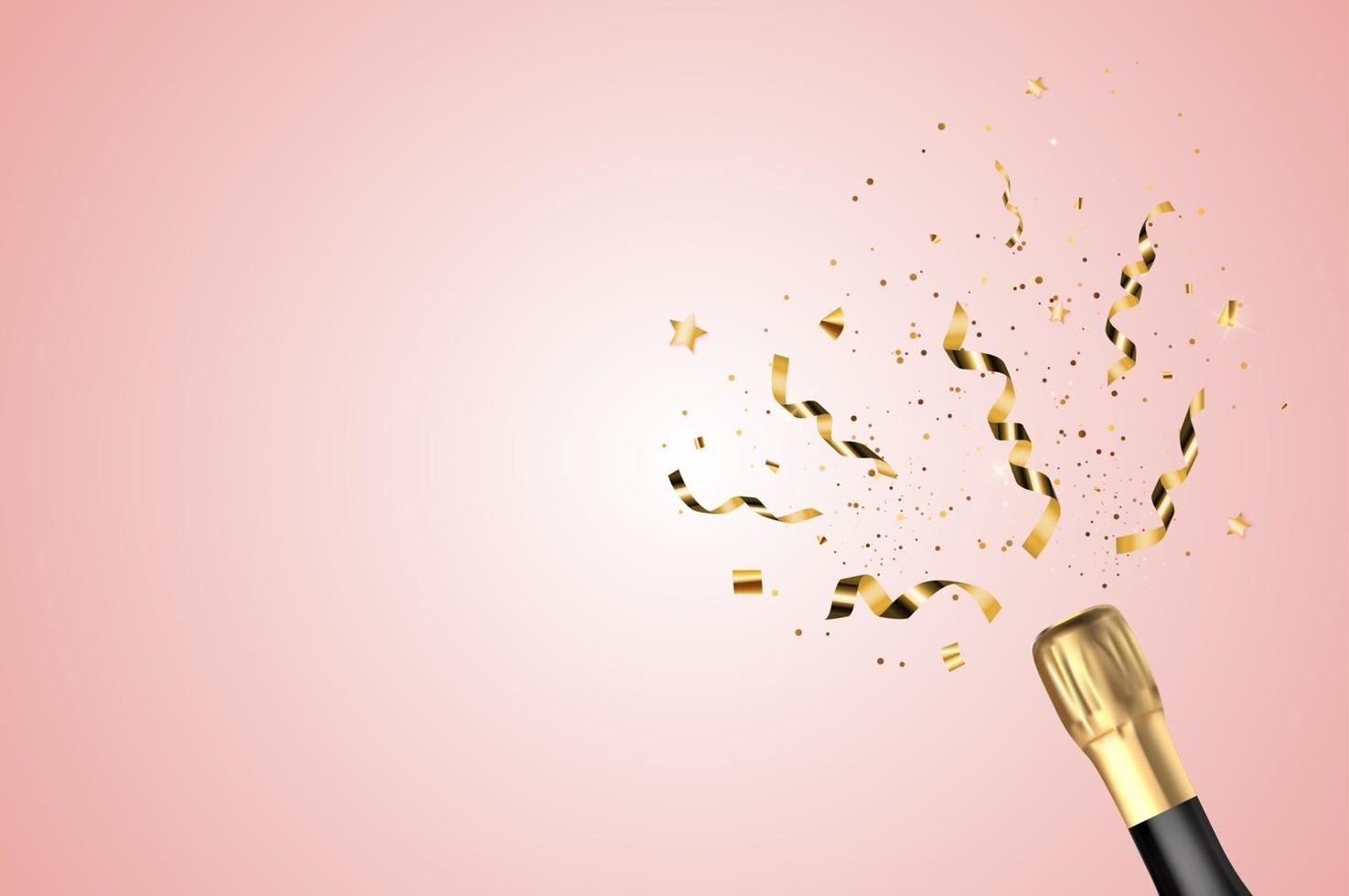 realistische 3d champagne gouden fles en glazen op roze achtergrond. vector illustratie