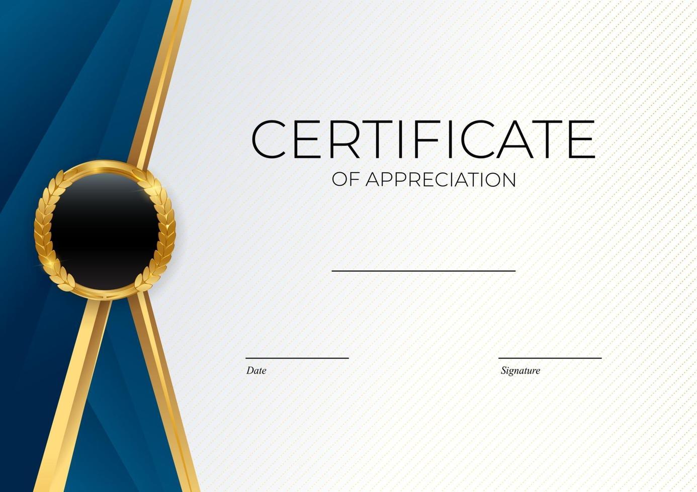 blauw en goud certificaat van prestatie sjabloon instellen achtergrond met gouden badge en rand. award diploma ontwerp leeg. vector illustratie. eps10
