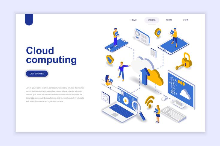 Cloud computing moderne platte ontwerp isometrische concept. Bedrijfstechnologie en mensenconcept. Bestemmingspaginasjabloon. Conceptuele isometrische vectorillustratie voor web- en grafisch ontwerp. vector