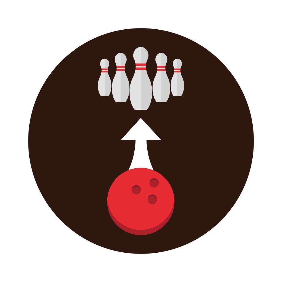 bowling rode bal en pinnen pijl richting spel recreatief sport blok plat pictogram ontwerp vector