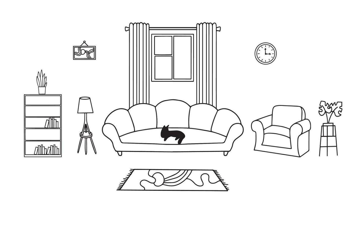 tekening van de leven kamer. eigengemaakt modern meubilair van een knus sofa met twee fauteuils in een gemakkelijk lineair stijl. vector