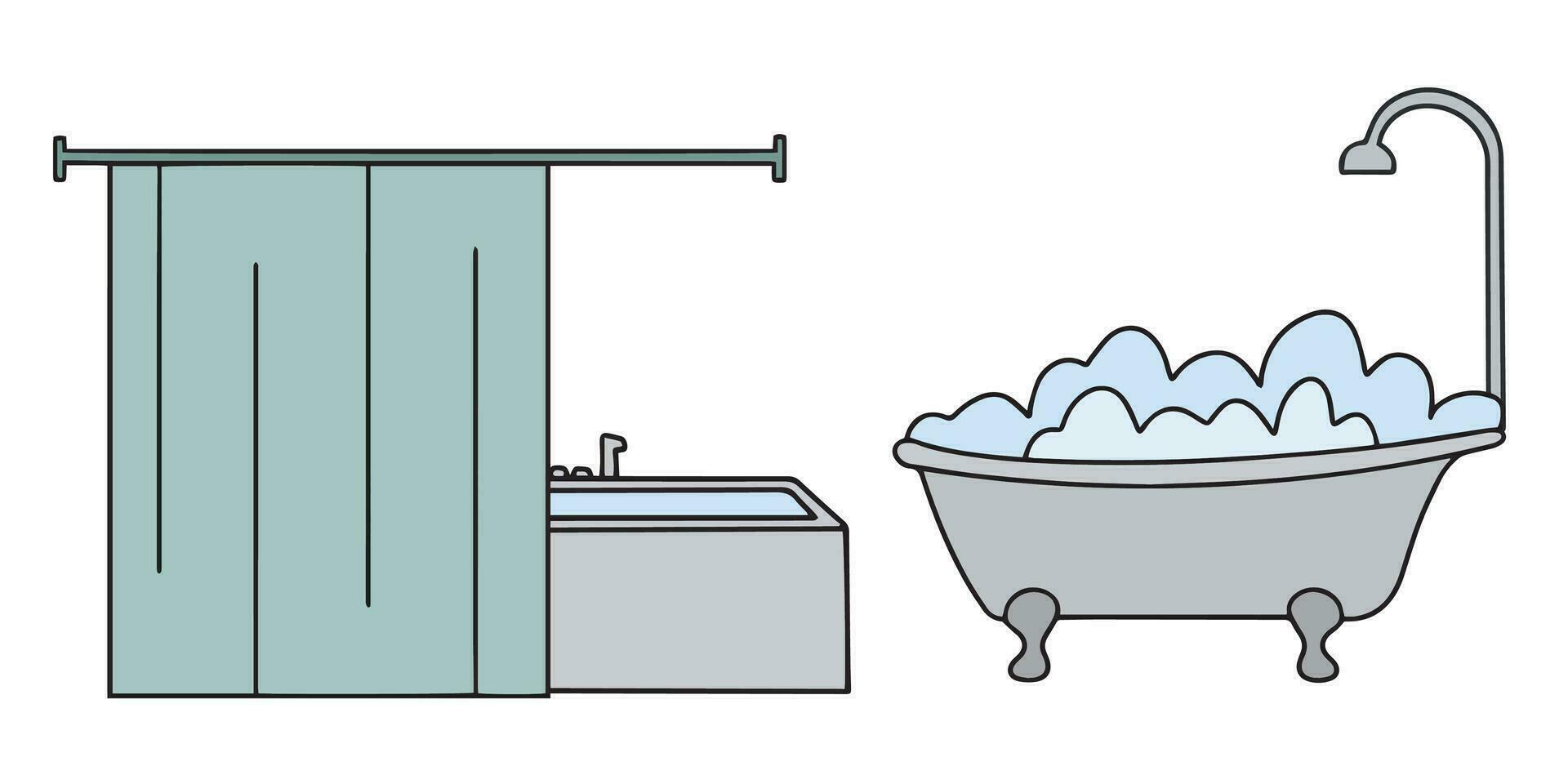 schattig hand- getrokken water bad. kraan, douche, bad gordijn. tekening vector illustratie voor huis interieur. geïsoleerd Aan wit achtergrond.