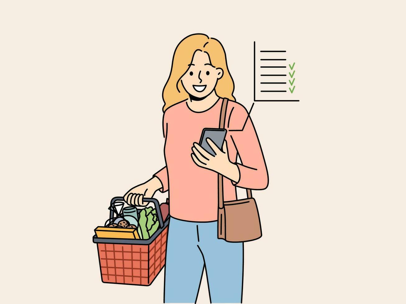 glimlachen vrouw kruidenier boodschappen doen met lijst Aan mobiele telefoon. gelukkig vrouw kopen boodschappen in supermarkt met ontwerper Aan smartphone. vector illustratie.