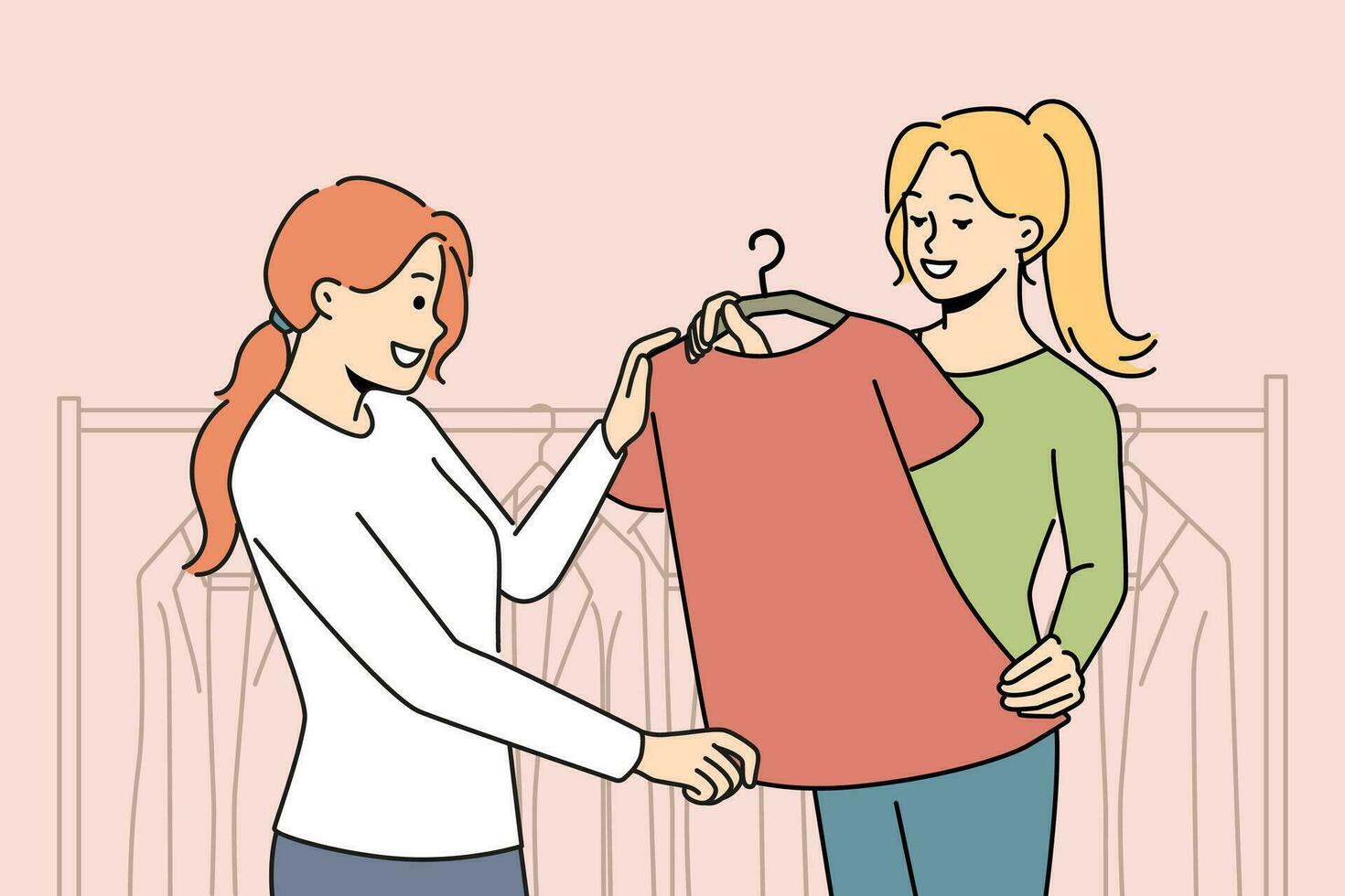 glimlachen consultant helpen cliënt met kleren Kiezen in op te slaan. vrouw kopen kleding in boetiek. mode en consumentisme. vector illustratie.