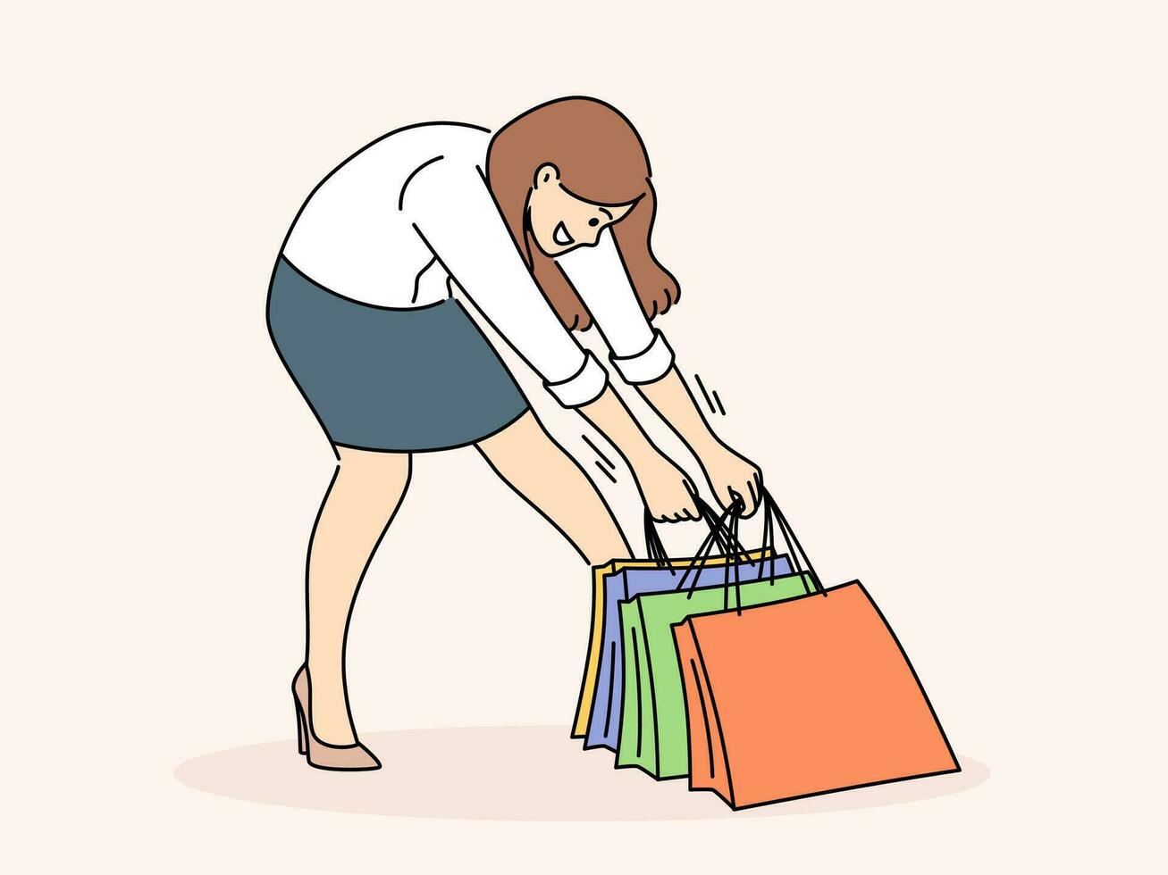 glimlachen vrouw draag- zwaar boodschappen doen Tassen. gelukkig vrouw shopaholic met pakketjes na buying Aan verkoop of kortingen. consumentisme. vector illustratie.