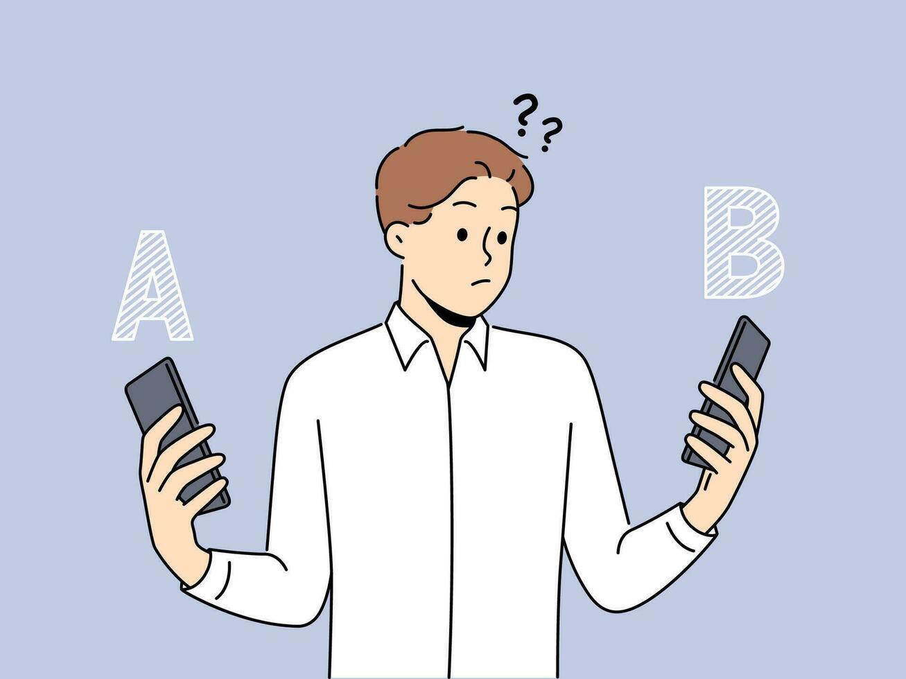 verward Mens Kiezen tussen verschillend telefoons modellen. gefrustreerd mannetje vergelijken smartphone een en b. technologie en apparaat vergelijking. vector illustratie.