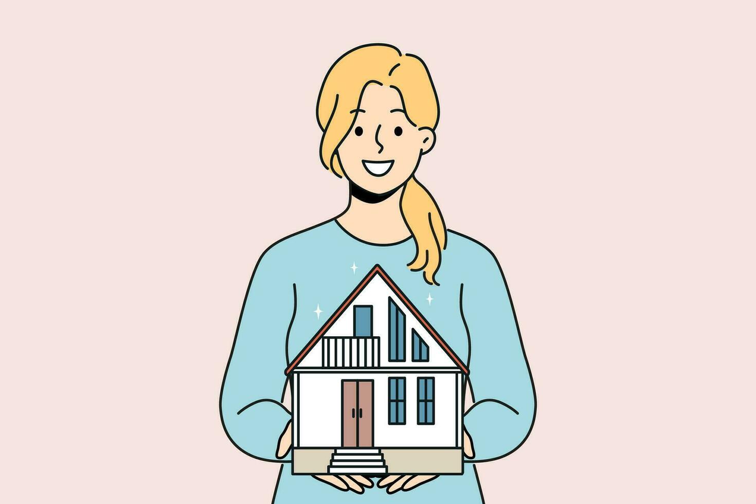 glimlachen vrouw makelaar Holding huis maquette in handen verkoop naar klant. gelukkig vrouw echt landgoed middel aanbod behuizing Aan uitverkoop. vector illustratie.