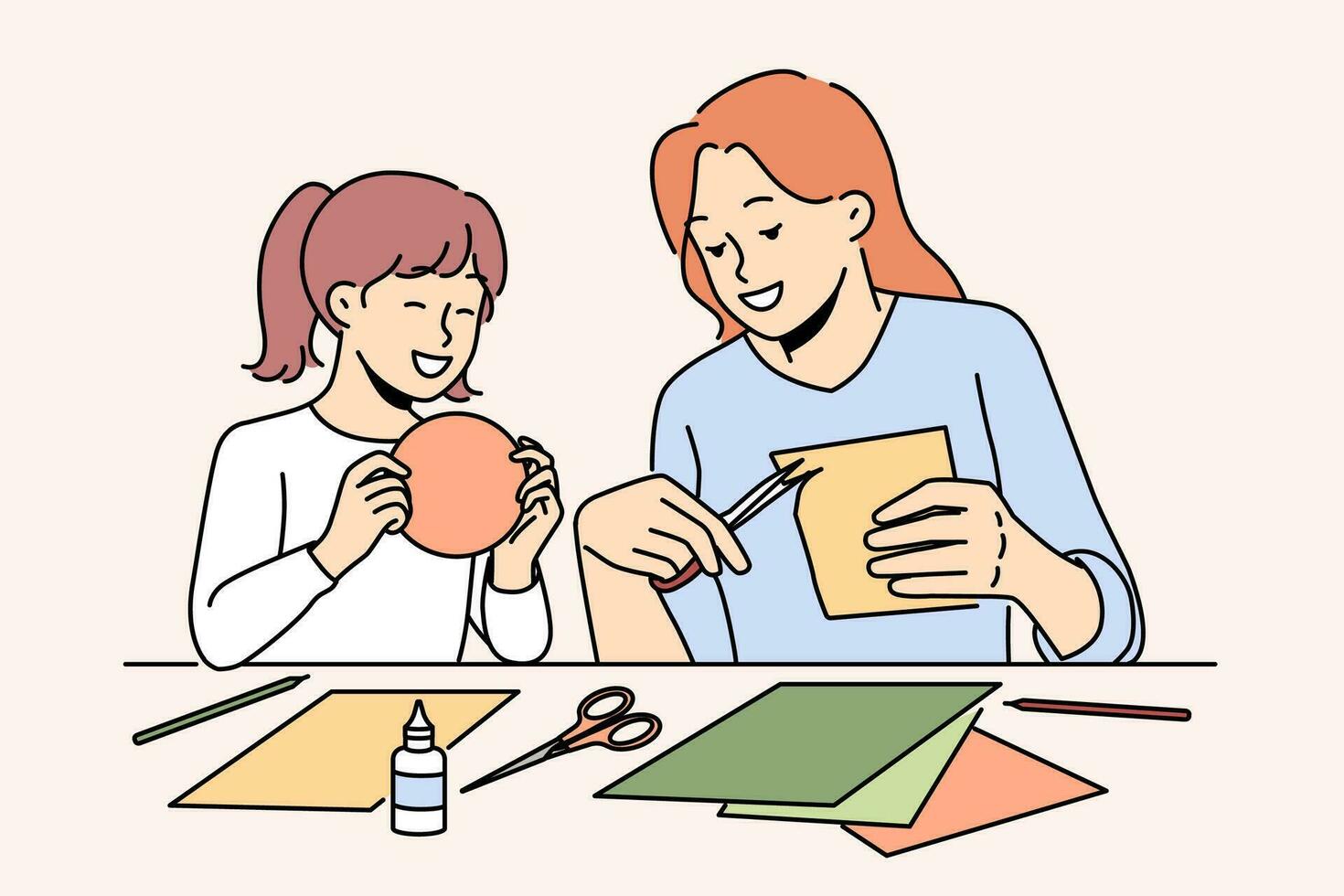 glimlachen moeder en dochter genieten kunsten en ambachten aan het doen Bij huis. gelukkig mam en kind bezig met papierwerk en collages. moederschap. vector illustratie.