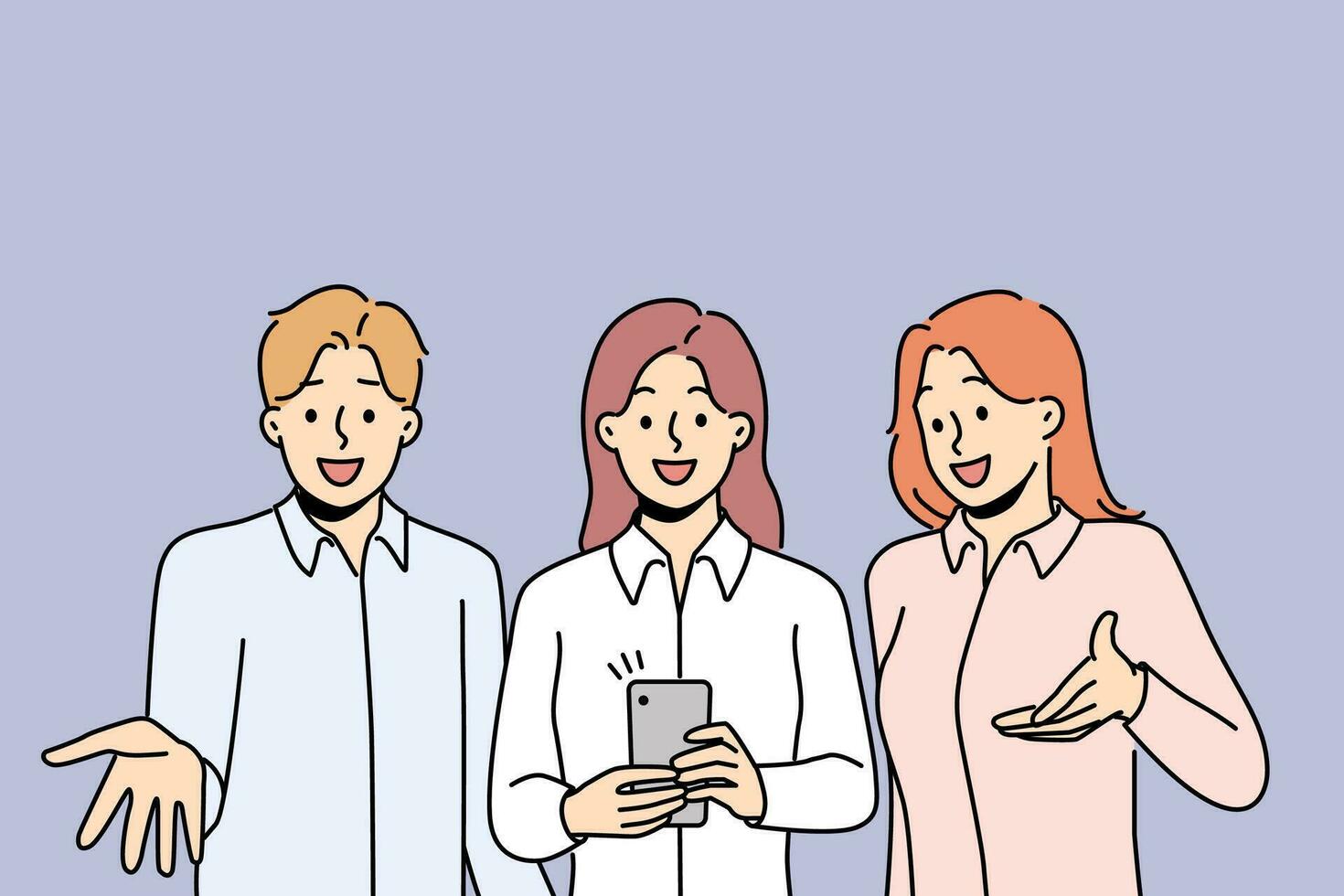 glimlachen medewerkers gebruik makend van mobiele telefoon pratend Aan webcam samen. gelukkig mensen uit het bedrijfsleven met smartphone spreken Aan video telefoongesprek. teamwerk. vector illustratie.