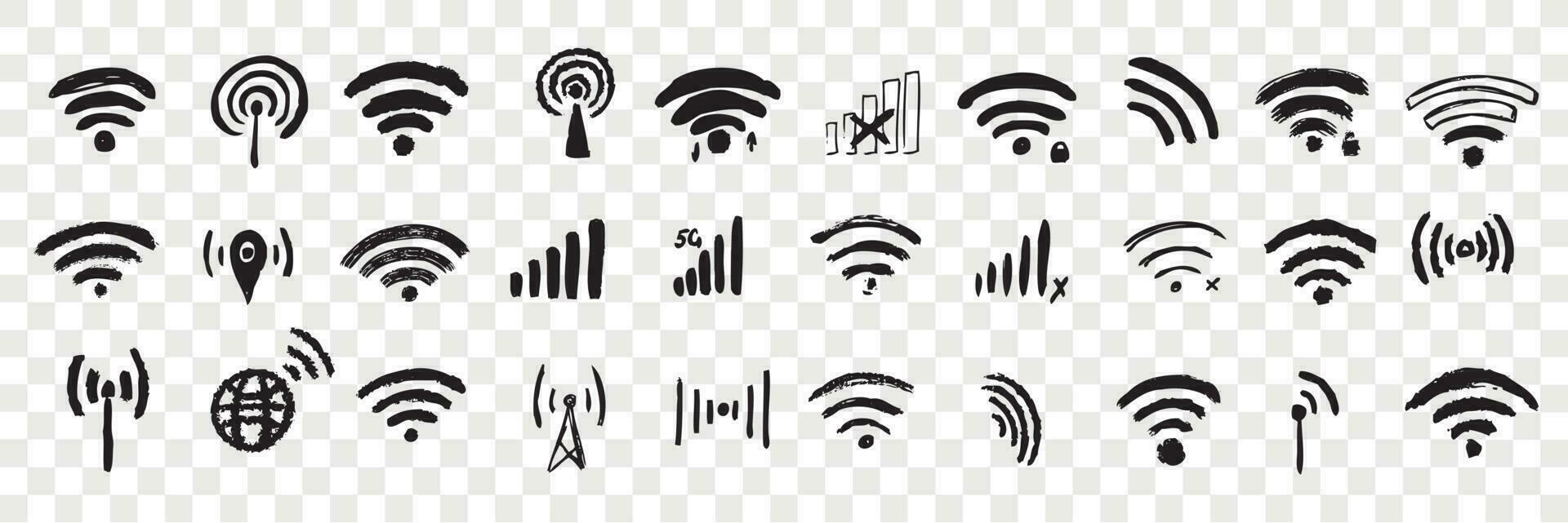 hand- getrokken Wifi teken tekening set. verzameling van pen inkt potlood tekening schetsen van internet verbinding indicator geïsoleerd Aan transparant achtergrond. illustratie van mobiel of computer symbool vector