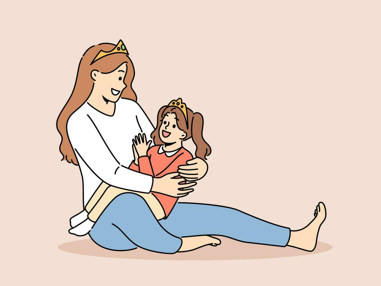 glimlachen moeder en weinig meisje in prinses kronen spelen Bij huis samen. gelukkig mam hebben pret genieten speeltijd met dochter. moederschap. vector illustratie.