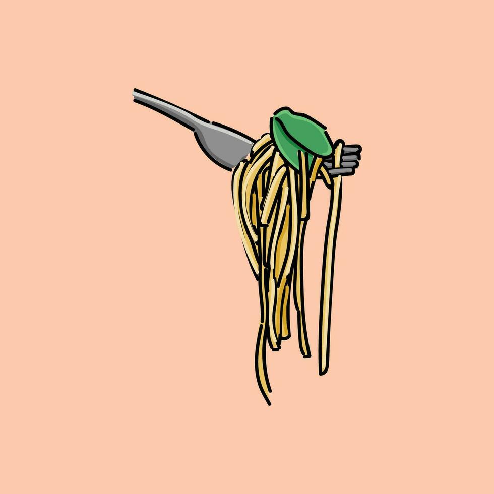 spaghetti Bij vork met basilicum. pasta. biologisch maaltijd. traditioneel Italiaans voedsel. natuurlijk aan het eten. Koken lunch. concept macaroni ontwerp. vector