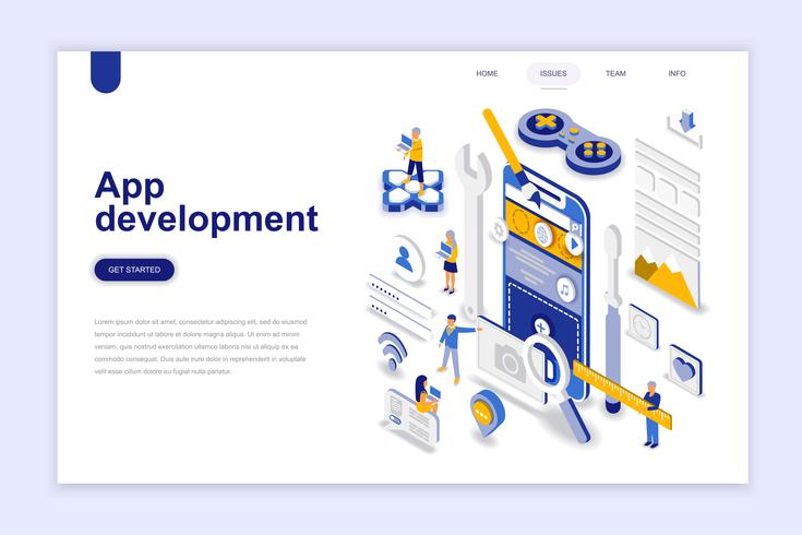 App ontwikkeling moderne platte ontwerp isometrische concept. Smartphone en mensen concept. Bestemmingspaginasjabloon. Conceptuele isometrische vectorillustratie voor web- en grafisch ontwerp. vector