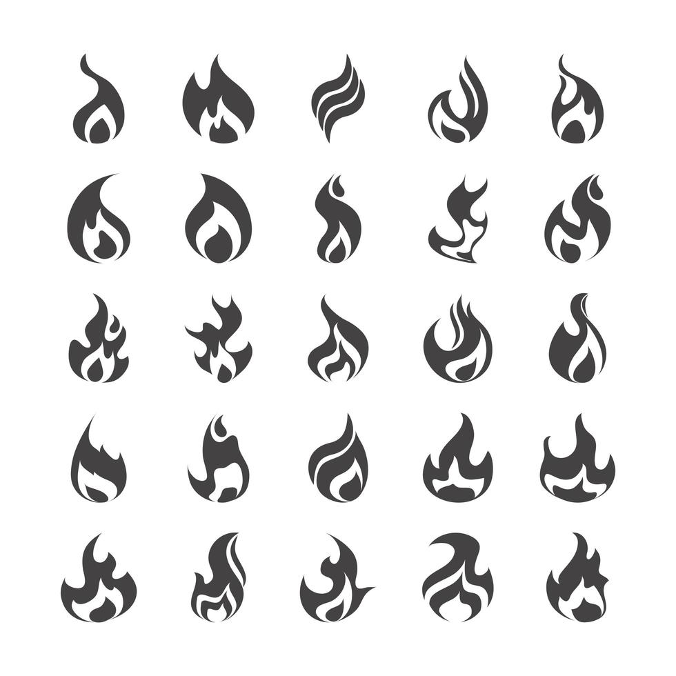 brand vlam brandende hete gloed platte ontwerp iconen set vector
