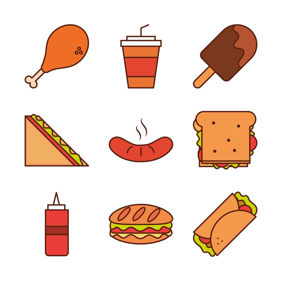 fastfood diner en menu smakelijke maaltijd en ongezonde restaurant lunch pictogrammen instellen lijn en vulstijl vector