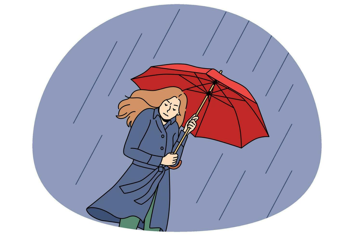 ongelukkig vrouw gaan met paraplu in regen vector