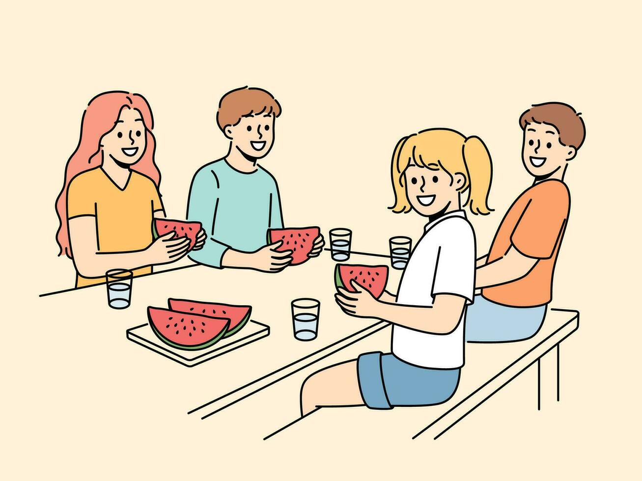 kinderen eten watermeloen zittend Bij tafel en genieten van zoet verfrissend toetje Aan heet zomer dag. kinderen picknick voor jongens en meisjes met heerlijk watermeloen met gezond vitamines vector