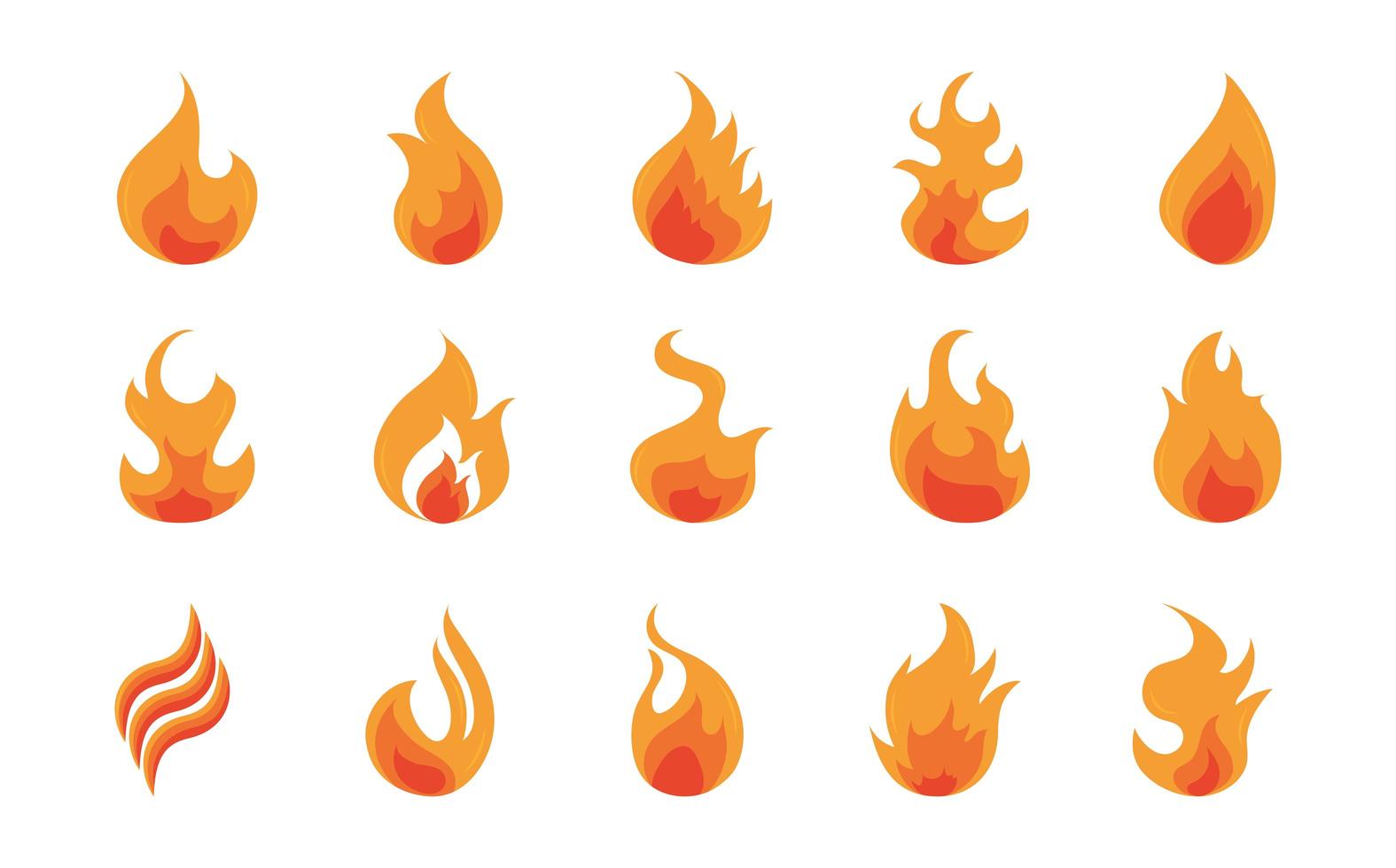 brand vlam brandende hete gloed platte ontwerp iconen set vector
