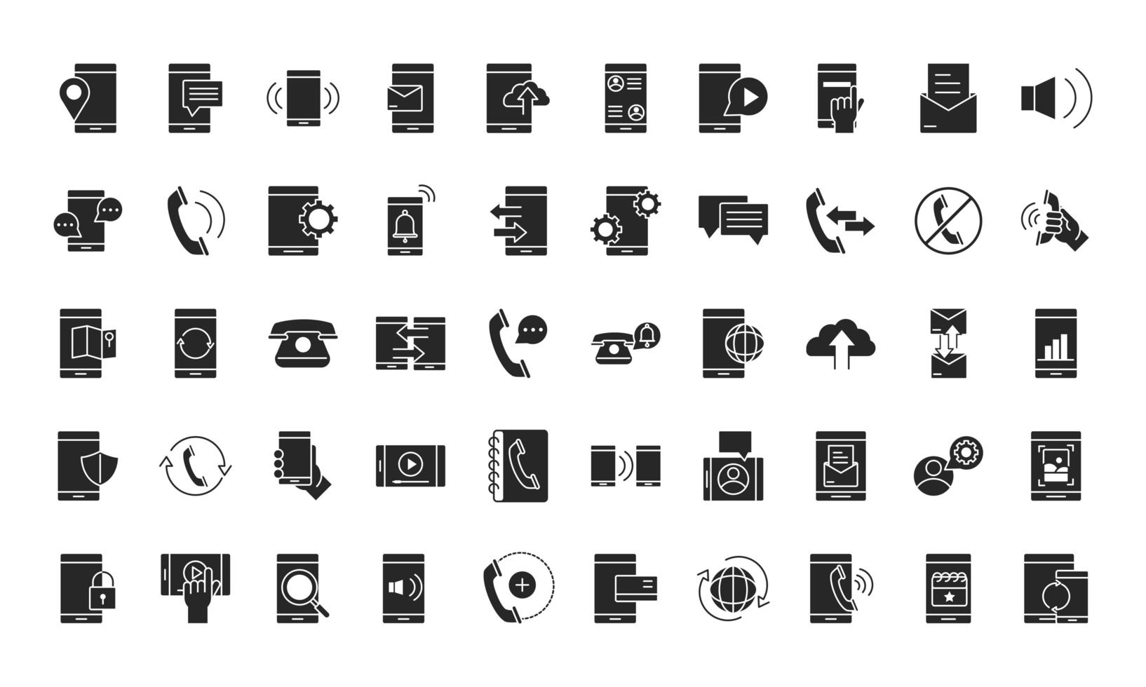 mobiele telefoon of smartphone elektronische technologie apparaat silhouet stijl iconen set vector