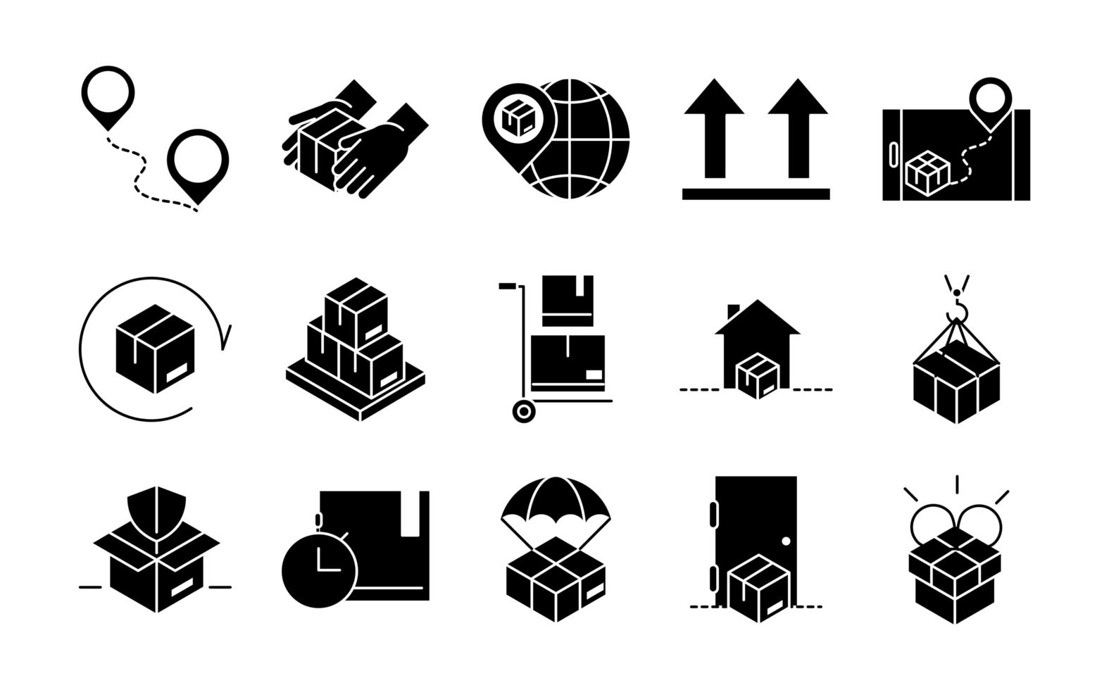 levering verpakking vrachtdistributie logistieke verzending van goederen pictogrammen instellen lijnstijl ontwerp vector