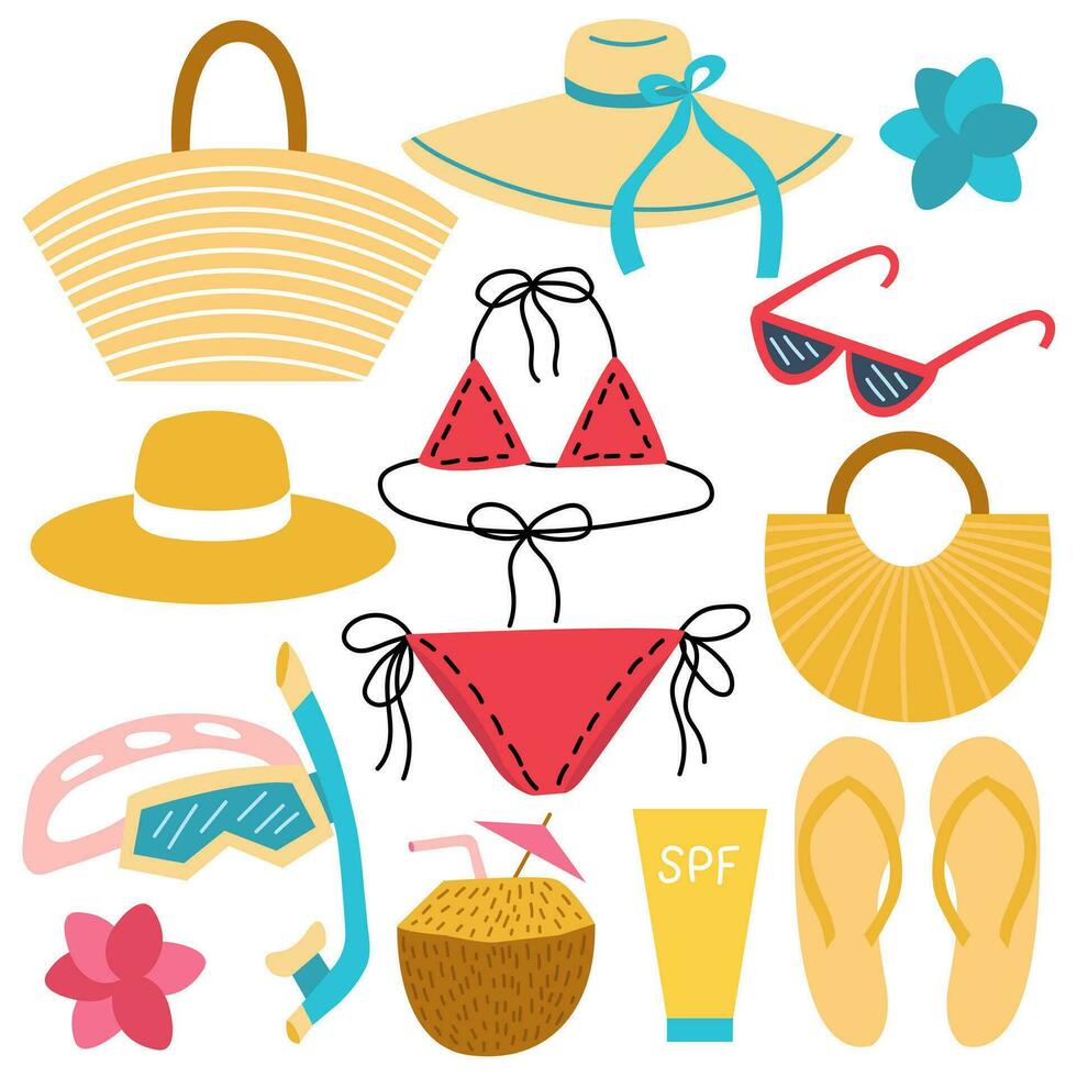 verschillend zomer strand elementen set. vector vlak stijl zomer accessoires set. zwemmen pak, rietje hoed, tas, zon bril, slippers, ijs room