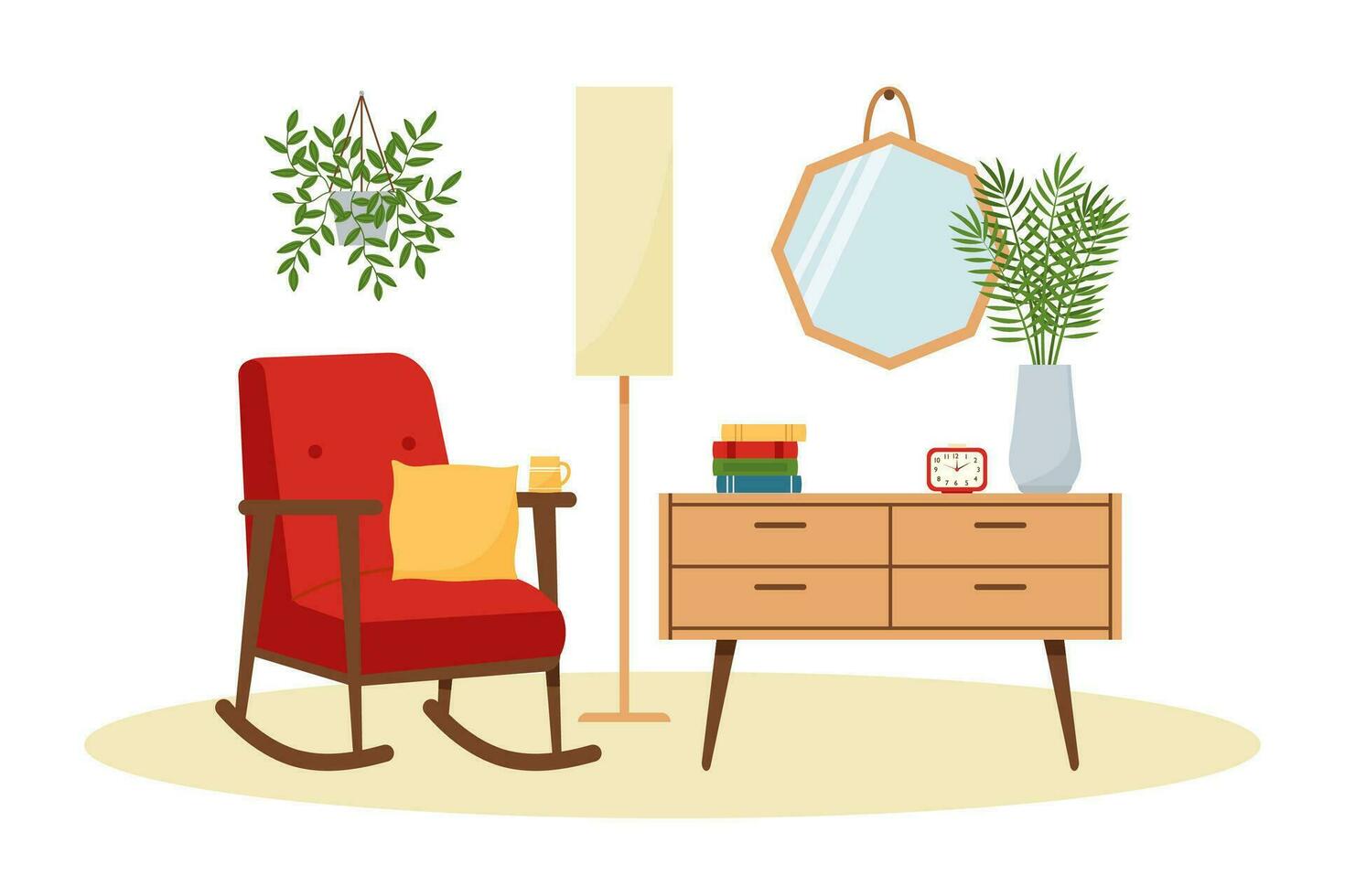 wijnoogst leven kamer interieur met borst van laden en stoel. retro meubilair reeks in Jaren 60 stijl. vlak vector illustratie