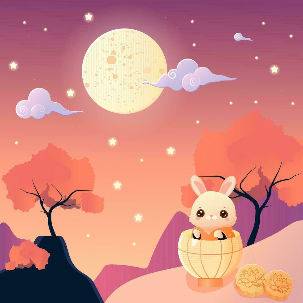 midden herfst festival, maan, Chinese lantaarn, konijn en mooncake vector