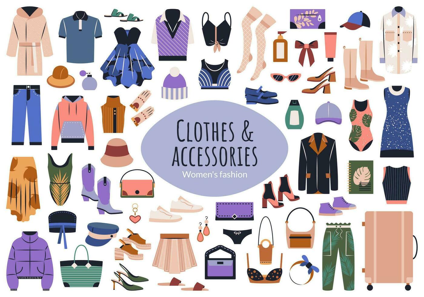 hand- getrokken kleding, schoenen en accessoires groot set. vrouw kleding, jurken, ondergoed, schoenen, truien, hoeden in gewoontjes stijl. vlak grafisch vector illustraties geïsoleerd Aan wit achtergrond