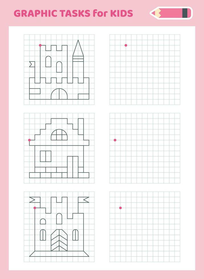 grafisch dictaat. leerzaam spel voor peuter- kinderen. werkbladen voor beoefenen logica en motor vaardigheden. spel voor kinderen. grafisch taken met verschillend voorwerpen en elementen. vector illustratie