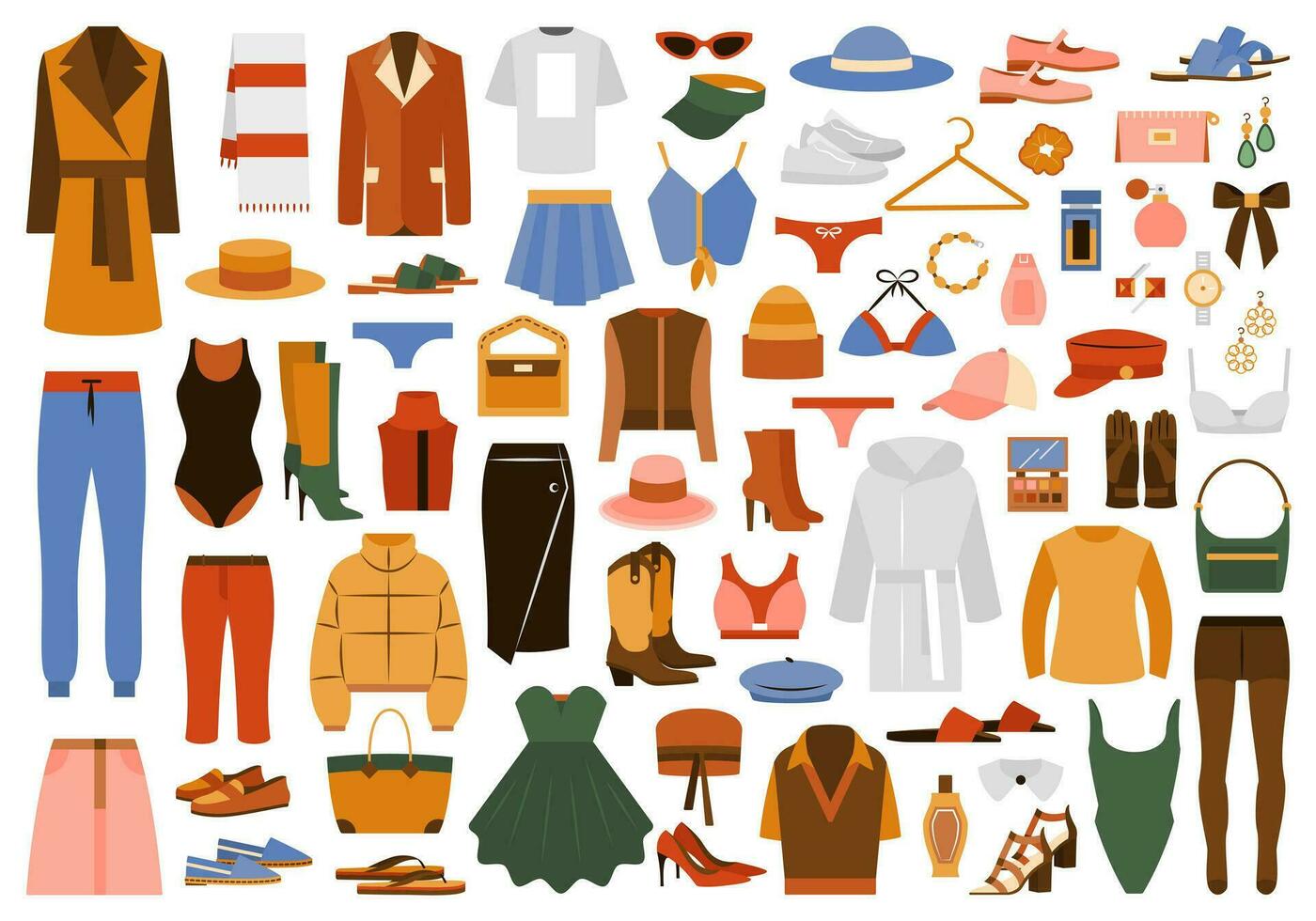 groot reeks van kleding, schoenen en accessoires. vrouw kleding, jurken, ondergoed, schoenen, jassen, truien, hoeden in gewoontjes stijl. vlak grafisch vector illustraties geïsoleerd Aan wit achtergrond