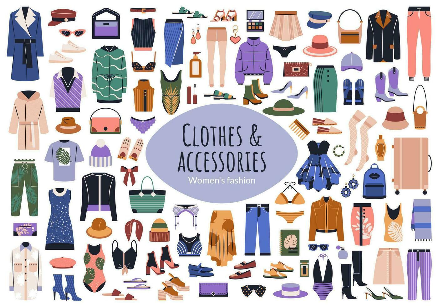 hand- getrokken kleding, schoenen en accessoires voor Dames. groot reeks van ondergoed, schoenen, jassen, Tassen, hoeden in gewoontjes stijl. vlak grafisch vector illustraties geïsoleerd Aan wit achtergrond