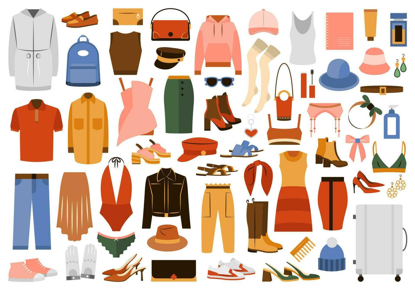 groot reeks van kleding, schoenen en accessoires. vrouw kleding, jurken, ondergoed, schoenen, jassen, truien, hoeden in gewoontjes stijl. vlak grafisch vector illustraties geïsoleerd Aan wit achtergrond