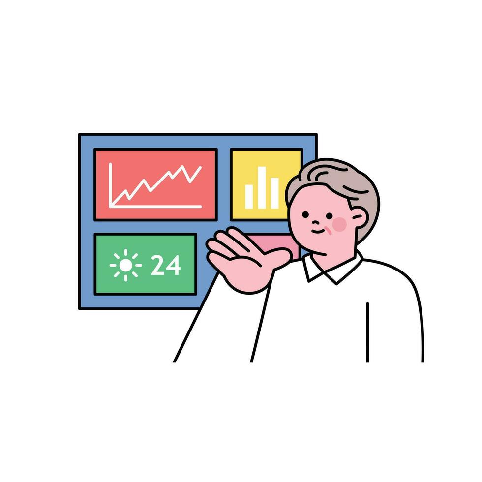 senior levensstijl karakter. een ouderen Mens is geven een presentatie tonen gegevens analyse gegevens. vector