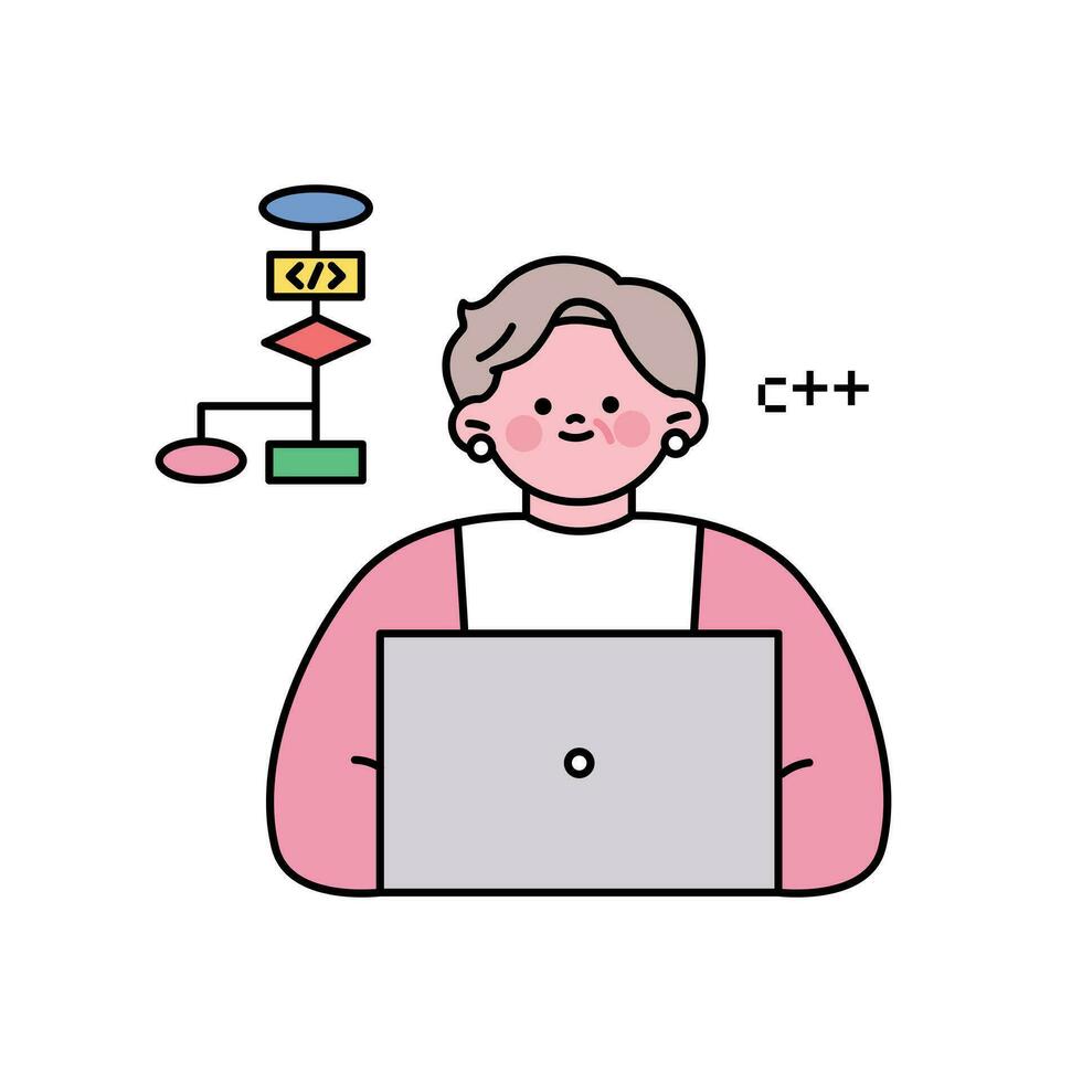 senior levensstijl karakter. een ouderen vrouw is werken Aan codering. vector