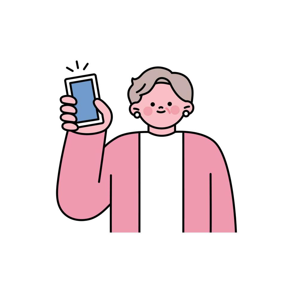 senior levensstijl karakter. een oud Mens is Holding een smartphone. vector