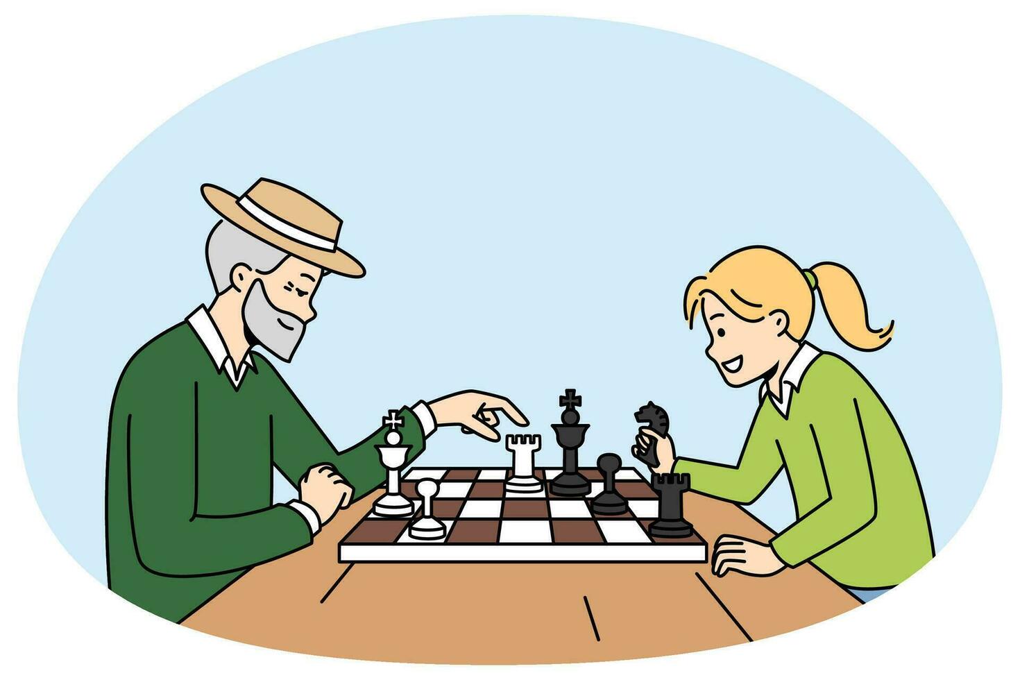 ouder Mens spelen schaak met klein meisje vector