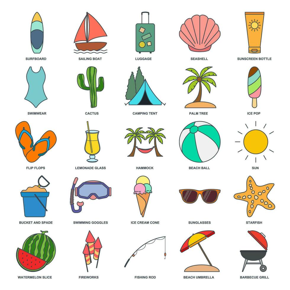 zomer icoon set, reizen symbolen verzameling, logo illustraties, strand pictogrammen, toerisme tekens lineair pictogrammen pakket geïsoleerd vector illustratie