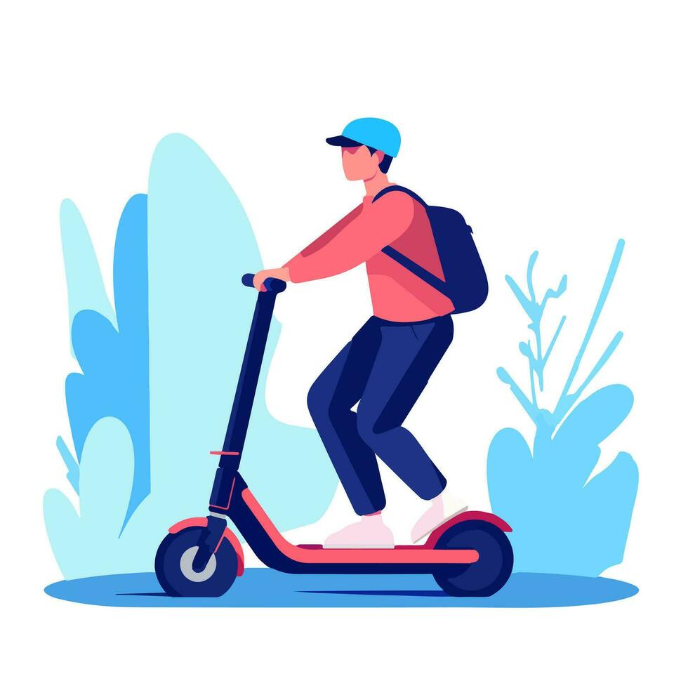 stedelijk vrijheid Aan wielen - ervaring de sensatie van een Mens rijden een elektrisch scooter door de stad. omhelzing duurzame mobiliteit met deze dynamisch vector illustratie