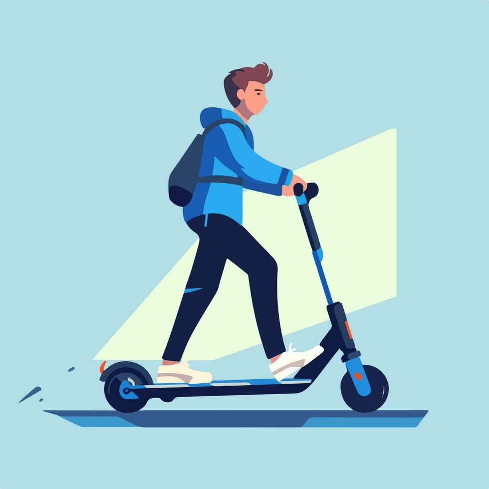 moeiteloos stedelijk mobiliteit - getuige de vrijheid net zo een Mens vol vertrouwen cruises door de stad Aan zijn elektrisch scooter. omhelzing de toekomst van vervoer met deze vector illustratie