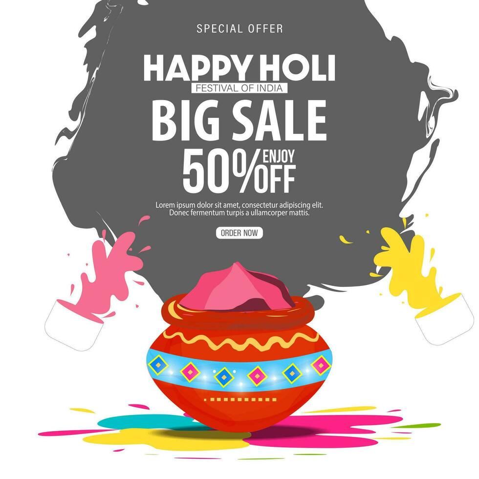 groot uitverkoop aanbod promo poster voor gelukkig holi kleur festival. holi is de grootste kleur festival gevierd in Indië. vector
