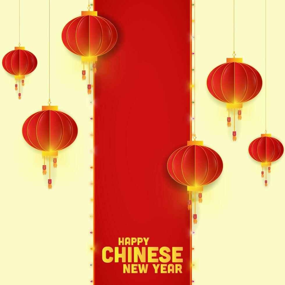 gelukkig Chinese nieuw jaar met hangende lantaarn en Chinese rol met decoratie lichten vector